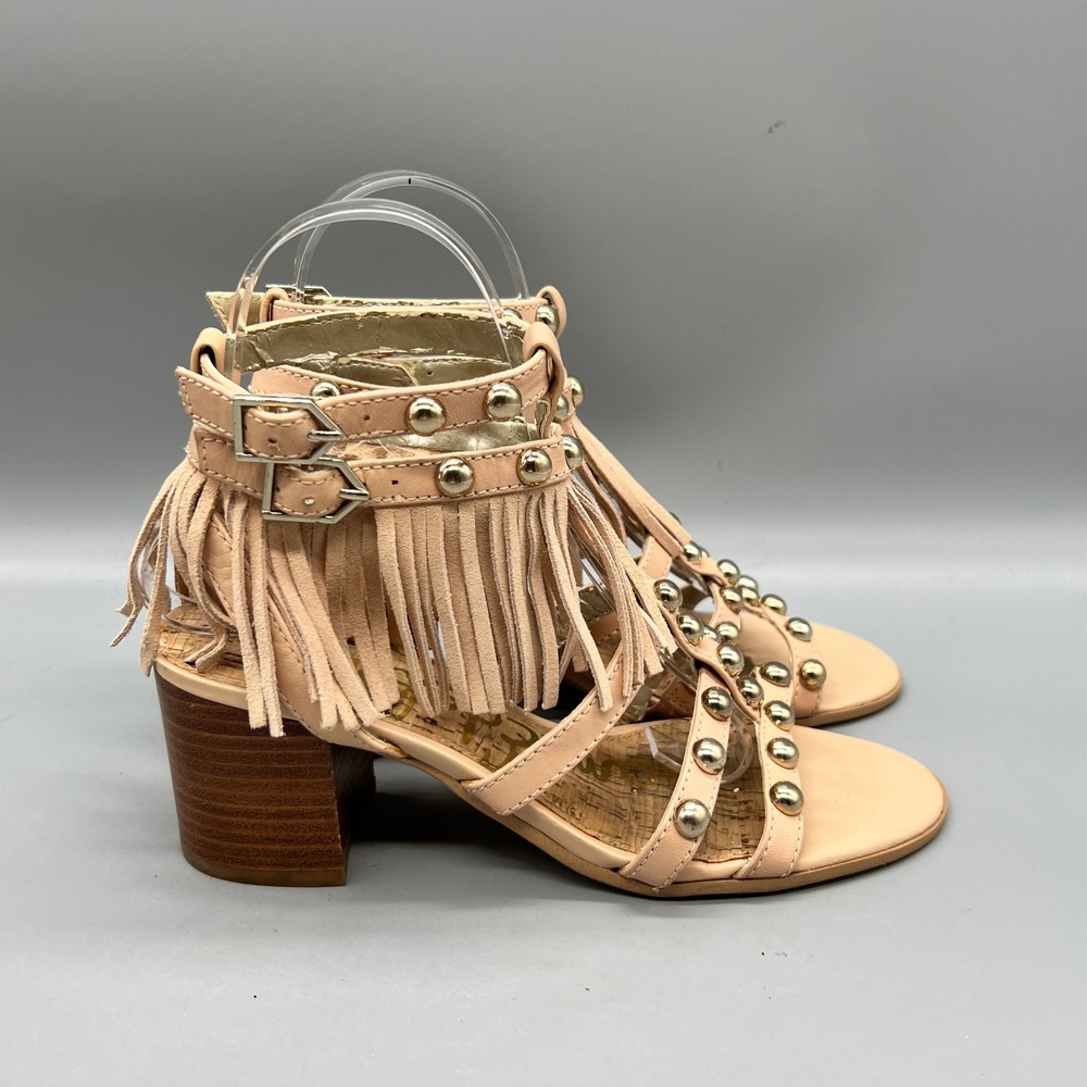Sam Edelman Sandals Women 6.5 Beige Shaelynn Gladiator Studded Fringe Boho Shoes